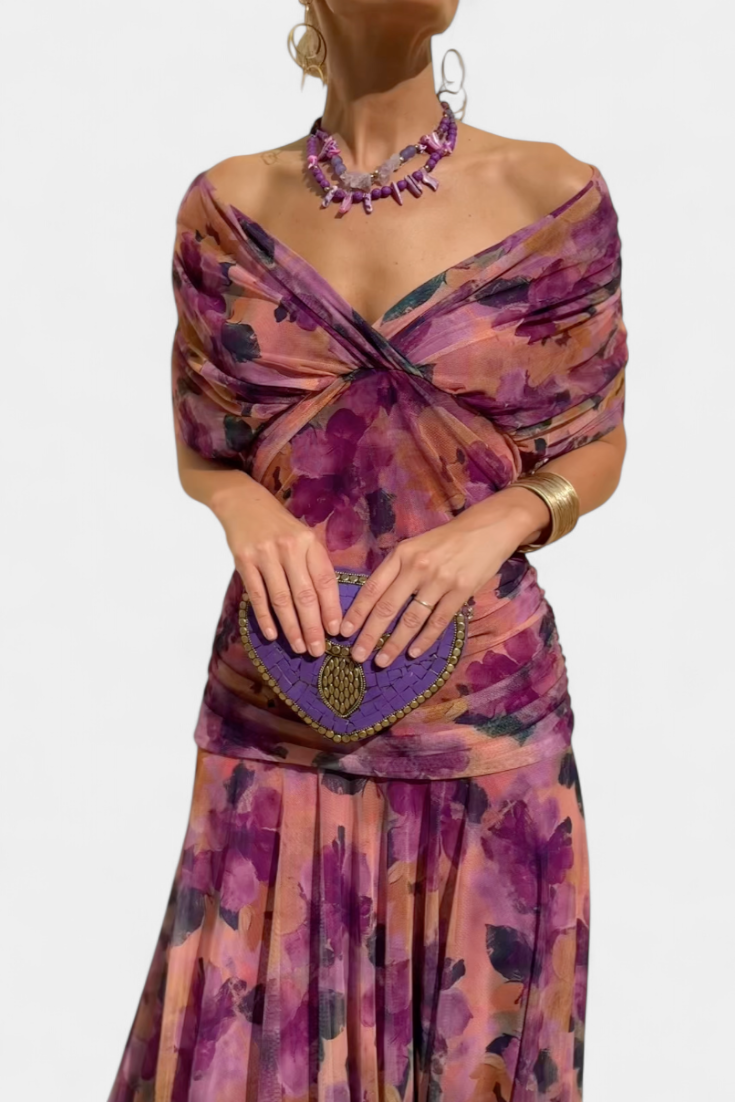 Eryzziah Elegant Floral Maxi Dress with V-Neckline & Pleated Waist 11