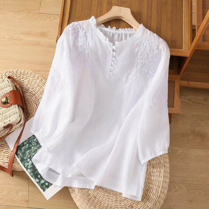 Embroidered Button-Front Blouse with Floral Detail 3
