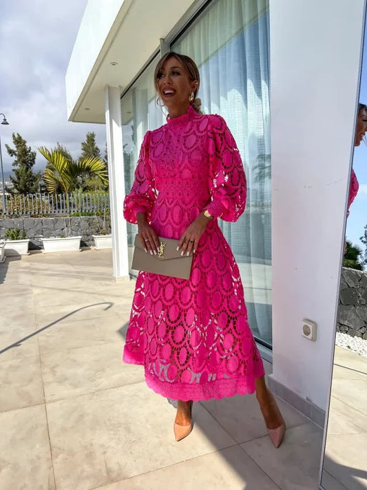Stella | Women's Summer Midi Dress with Long Sleeves & Decorative Detailing | Elegant Evening Wear for Special Occasions