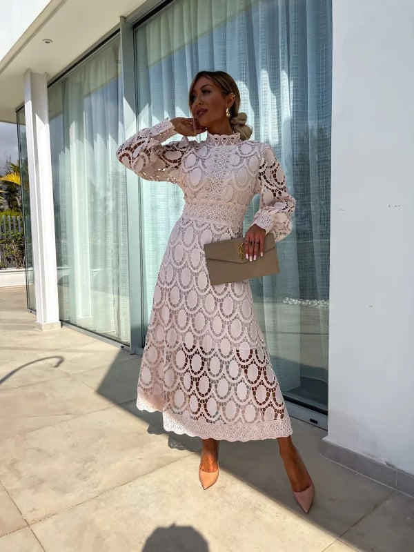 Stella | Women's Summer Midi Dress with Long Sleeves & Decorative Detailing | Elegant Evening Wear for Special Occasions
