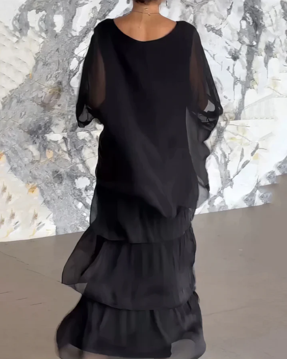 Tiered Maxi Dress with Long Sleeves & Layered Printed Skirt 7