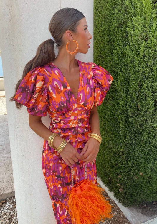 Summer Vibes | Women's Printed Midi Dress with Puff Sleeves | Effortless Style for Warm Weather