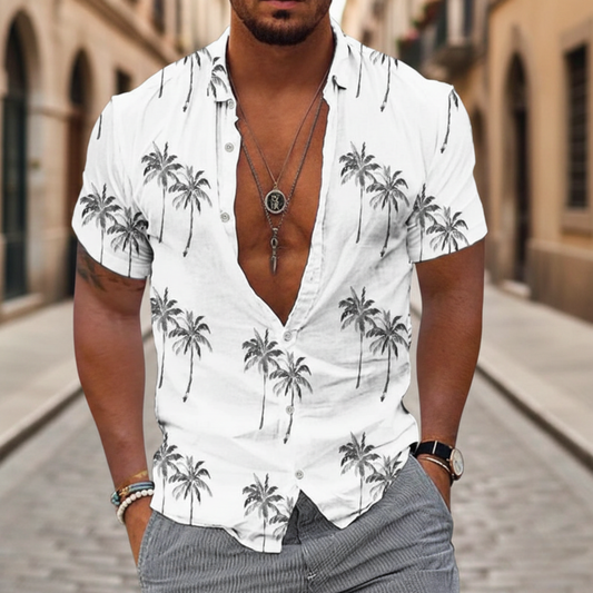 Tropical Vibes | Men's Hawaiian Shirt with Palm Print | Relaxed Fit for Summer Style