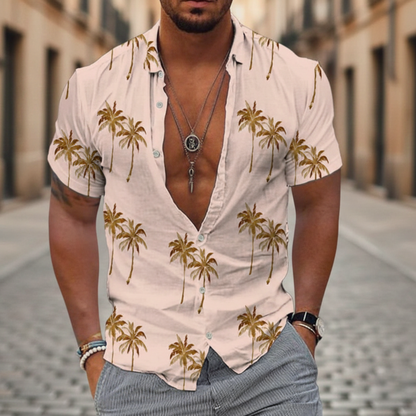 Tropical Vibes | Men's Hawaiian Shirt with Palm Print | Relaxed Fit for Summer Style