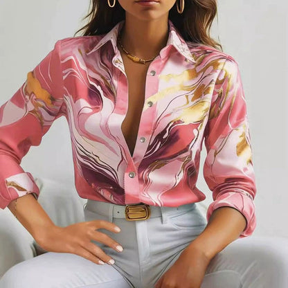 Valentina Rossi | Women's Blouse with Marble Swirl Print | Elegant Button-Up Shirt for Versatile Styling