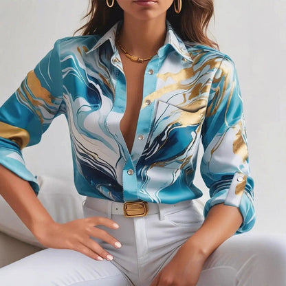 Valentina Rossi | Women's Blouse with Marble Swirl Print | Elegant Button-Up Shirt for Versatile Styling