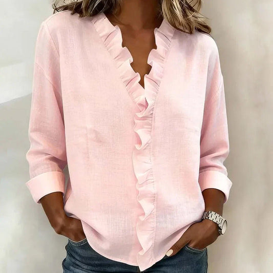 Valentina Rossi | Women's White Blouse with Ruffle Trim & V-Neck Design | Effortless Summer Style