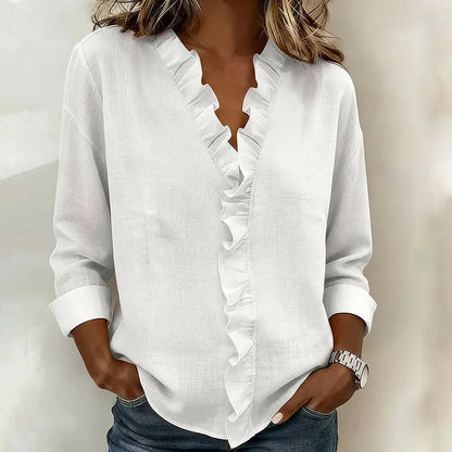 Valentina Rossi | Women's White Blouse with Ruffle Trim & V-Neck Design | Effortless Summer Style