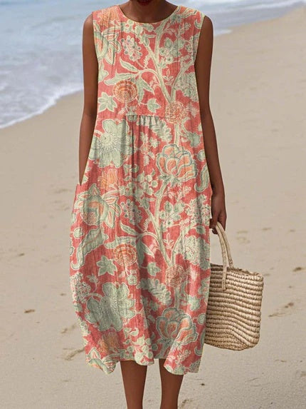 Vintage Floral Midi Dress | Women's Dress with Pockets for Effortless Summer Style