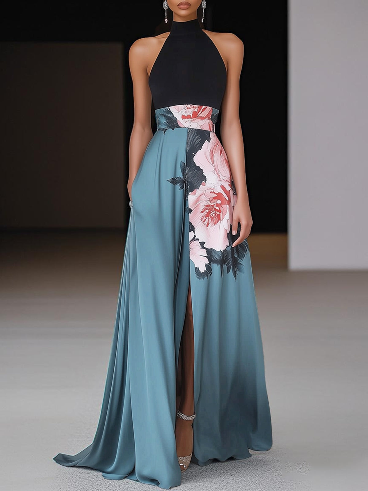 Janelle™ Floral A-Line Maxi Dress with Side Slit — Sleeveless 1
