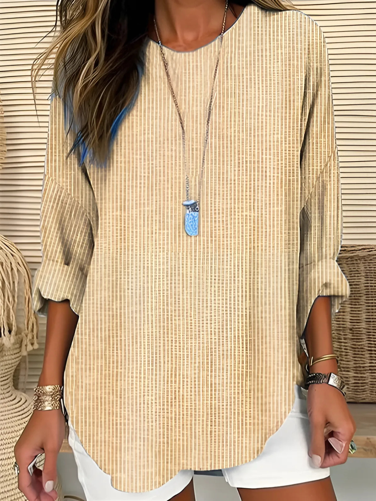 Women's Long Sleeve Blouse — Vertical Stripe Round Neck 2