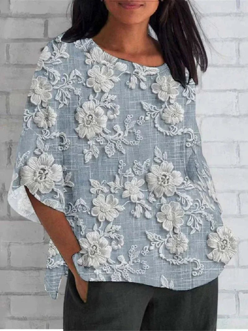Vintage Floral Embroidery Blouse with Three-Quarter Sleeves 2