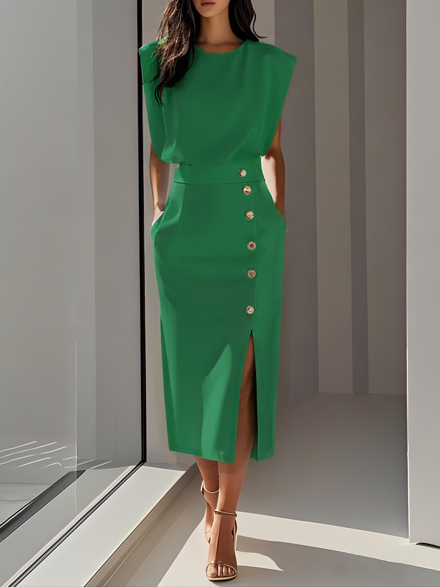 Sleeveless Midi Dress with Side Button Detail & Front Slit 4