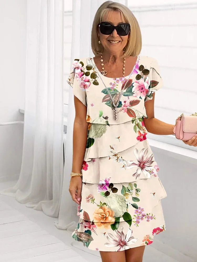 Ruffled Floral Pleated Dress with Cascading Layers 4
