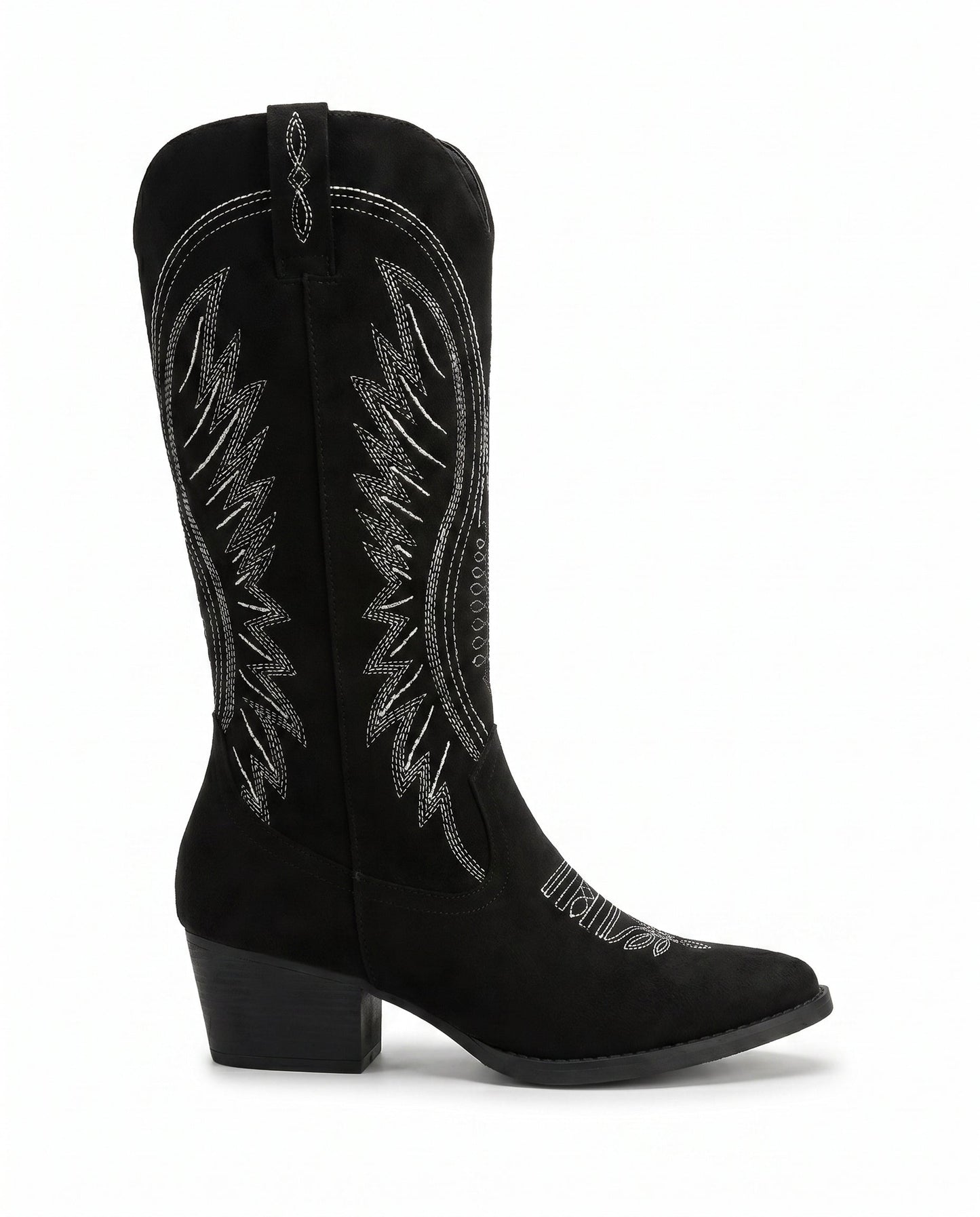 Knee-High Embroidered Cowboy Boots — Suede Block Heel 8