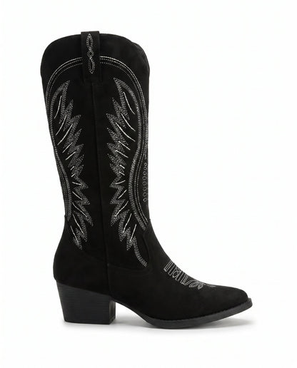 Knee-High Embroidered Cowboy Boots — Suede Block Heel 8