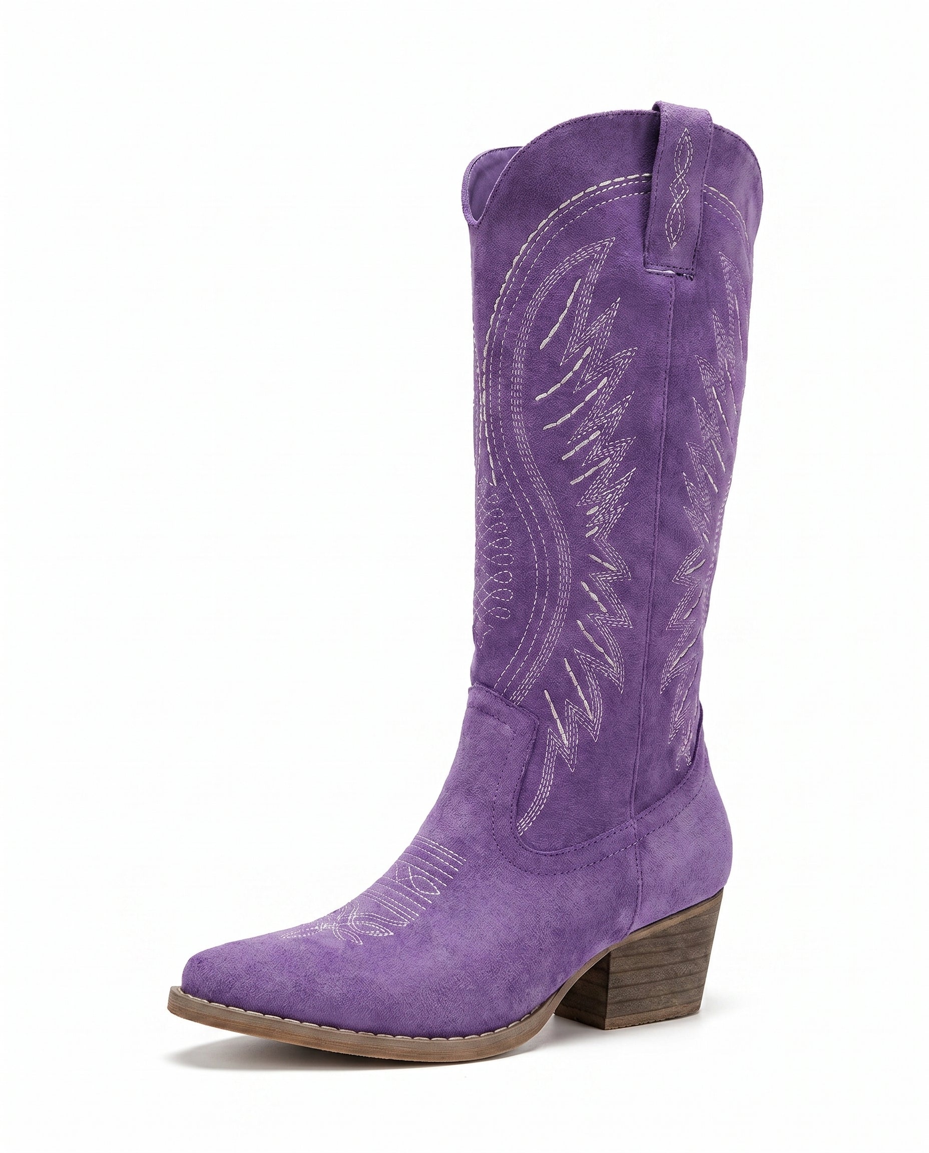Knee-High Embroidered Cowboy Boots — Suede Block Heel 19