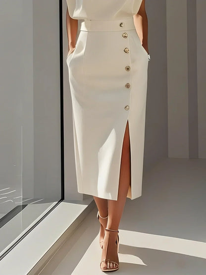 Effortless Charm Midi Dress — Round Neckline & Button Slit Detail 11