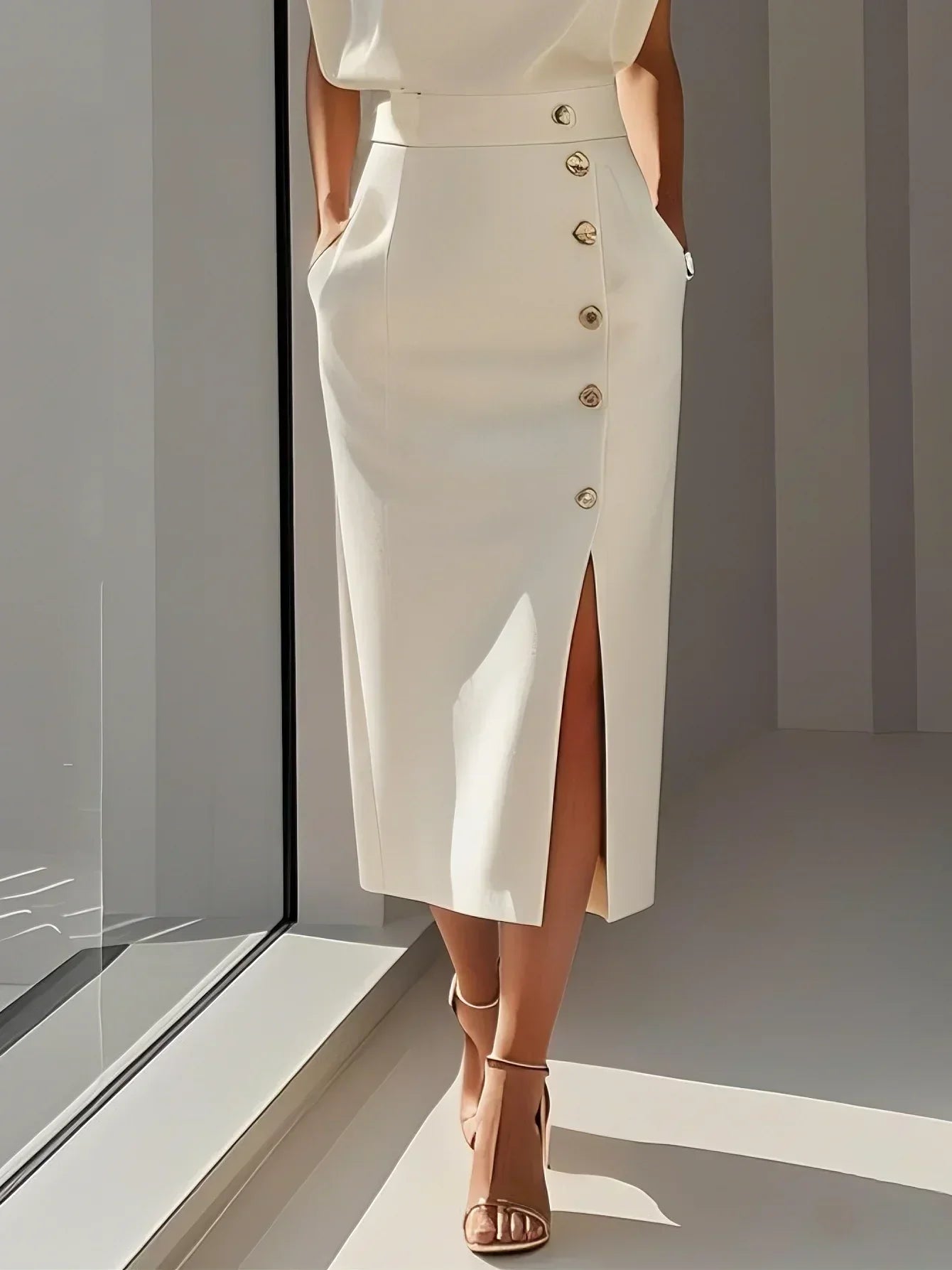 Sleeveless Midi Dress with Side Button Detail & Front Slit 11