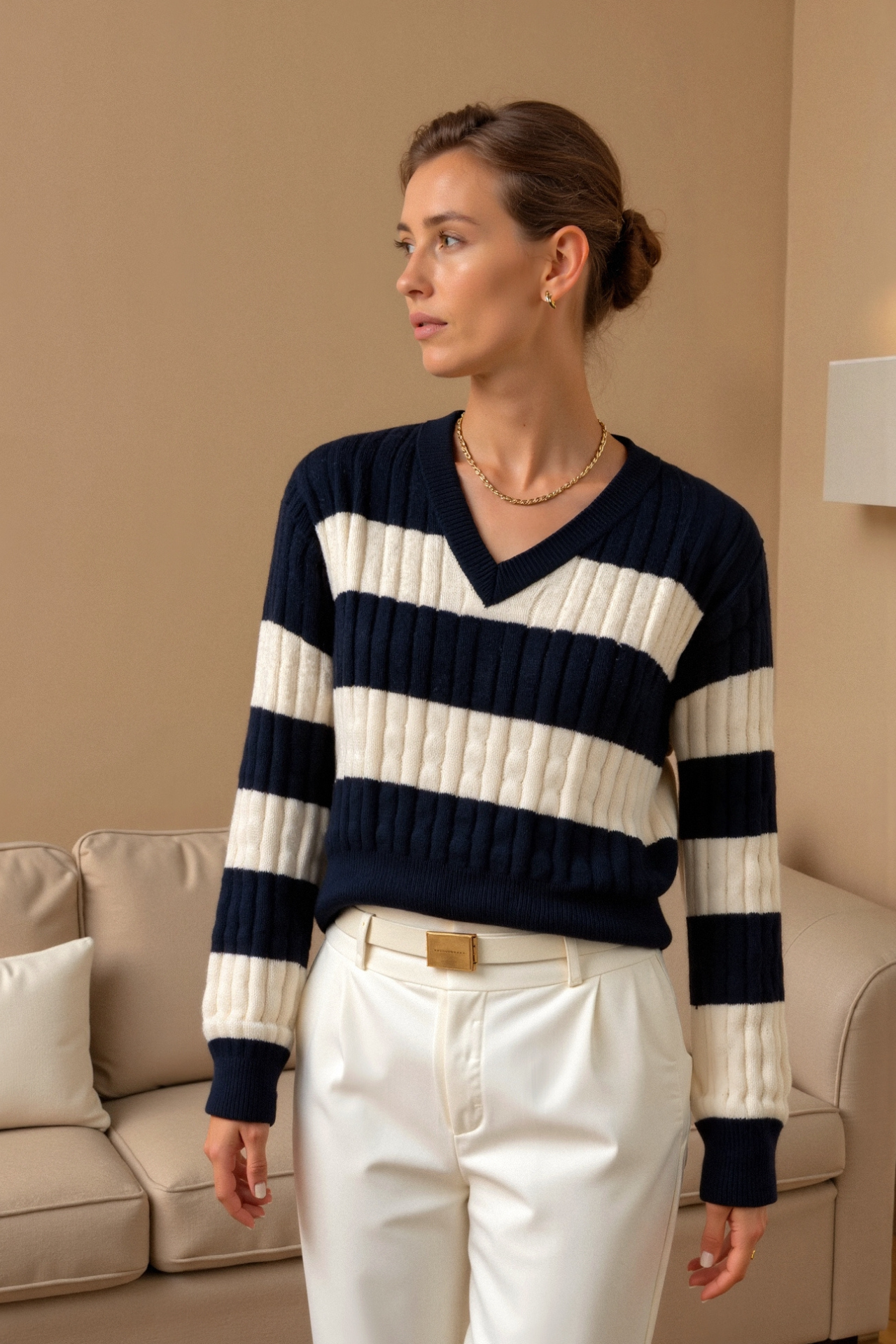 Cable Knit Color Block Drop Shoulder V-Neck Sweater 2