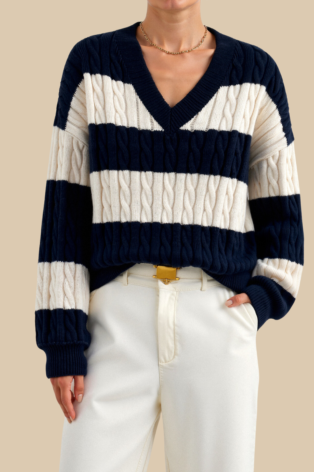 Cable Knit Color Block Drop Shoulder V-Neck Sweater 3
