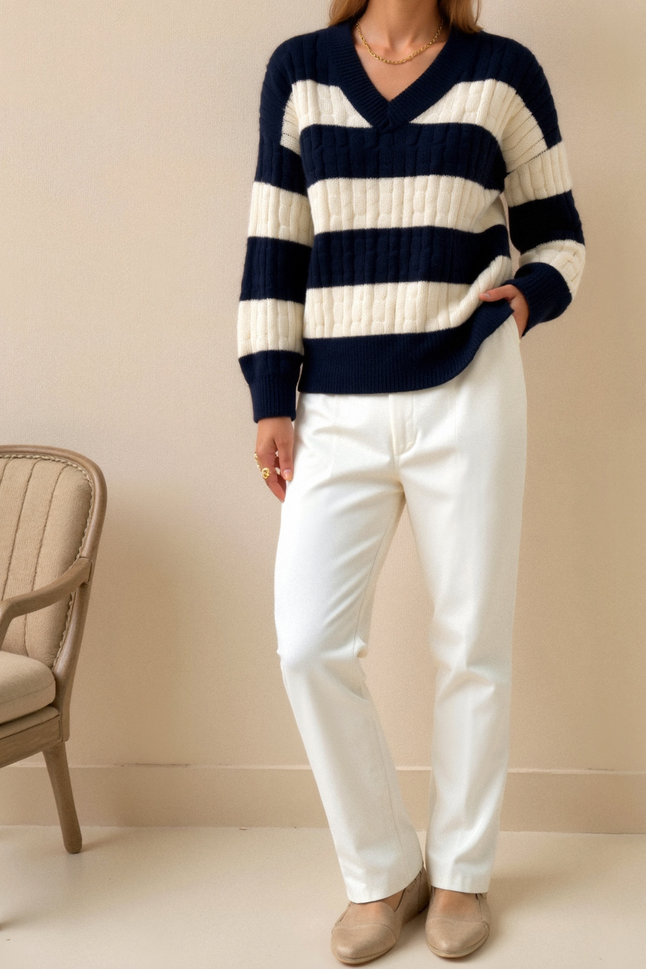 Cable Knit Color Block Drop Shoulder V-Neck Sweater 4