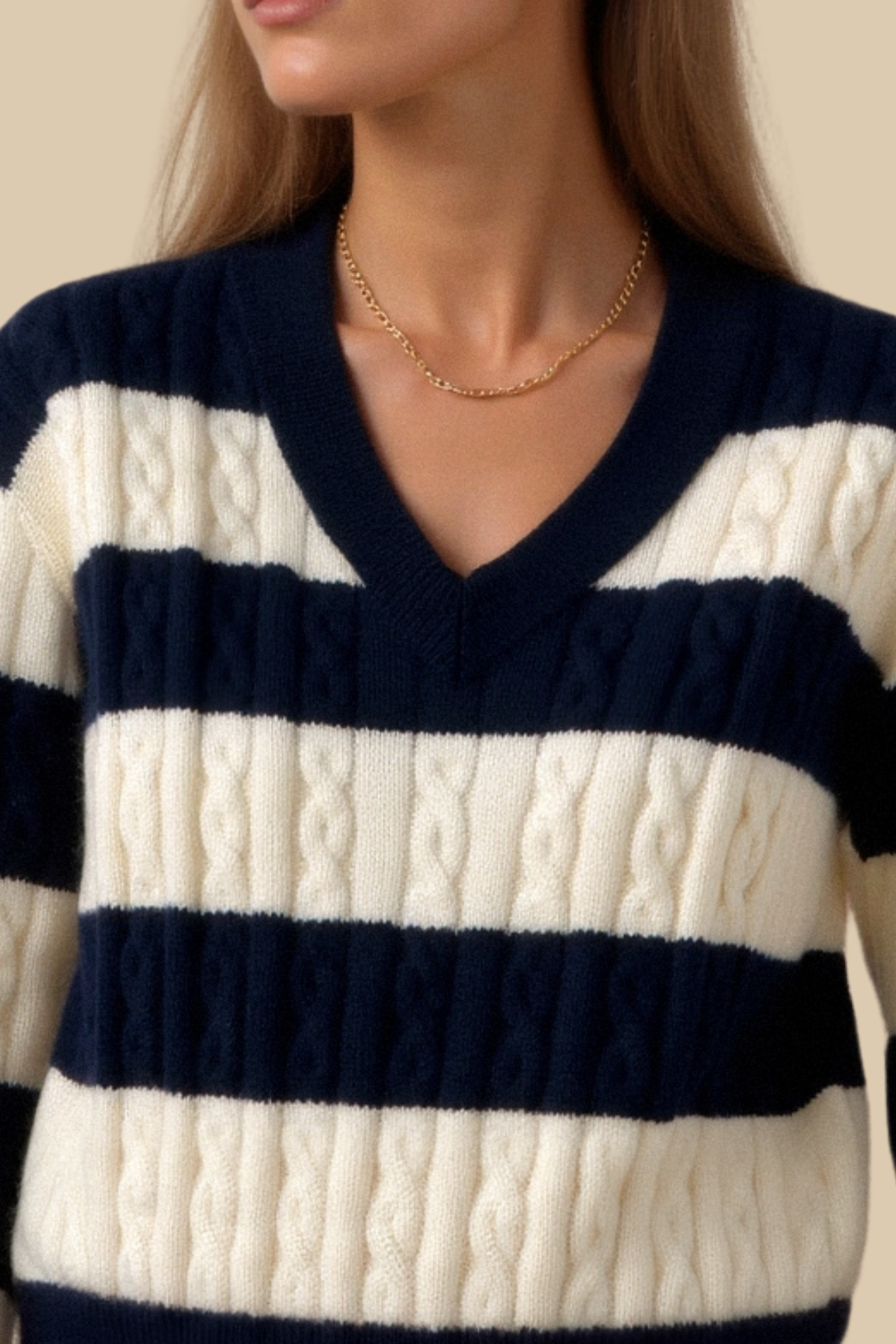 Cable Knit Color Block Drop Shoulder V-Neck Sweater 5