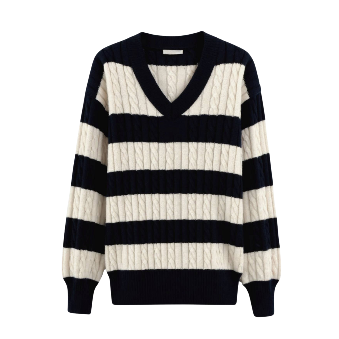 Cable Knit Color Block Drop Shoulder V-Neck Sweater 1