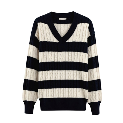 Cable Knit Color Block Drop Shoulder V-Neck Sweater 1