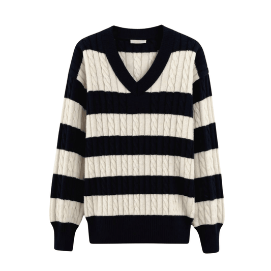 Cable Knit Color Block Drop Shoulder V-Neck Sweater 1