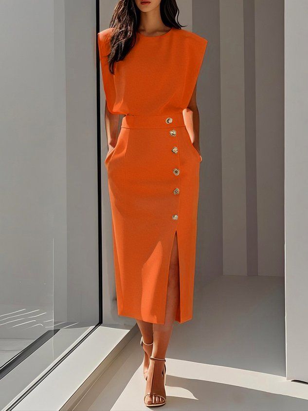 Effortless Charm Midi Dress — Round Neckline & Button Slit Detail 9