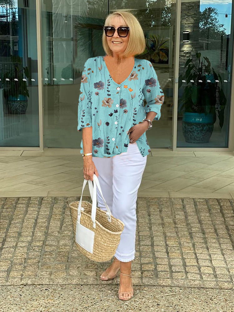 Floral V-Neck Blouse with Button Front & Three-Quarter Sleeves 1