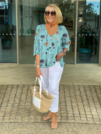 Floral V-Neck Blouse with Button Front & Three-Quarter Sleeves 1