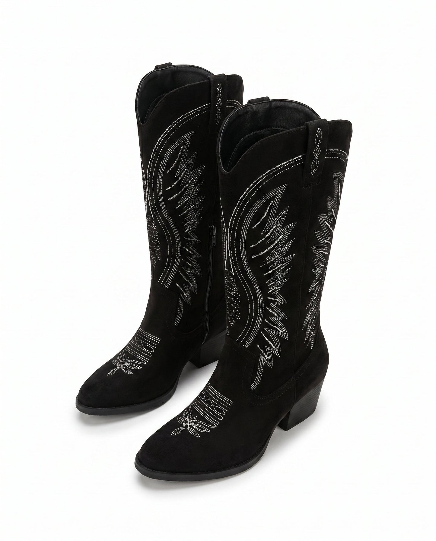 Knee-High Embroidered Cowboy Boots — Suede Block Heel 9