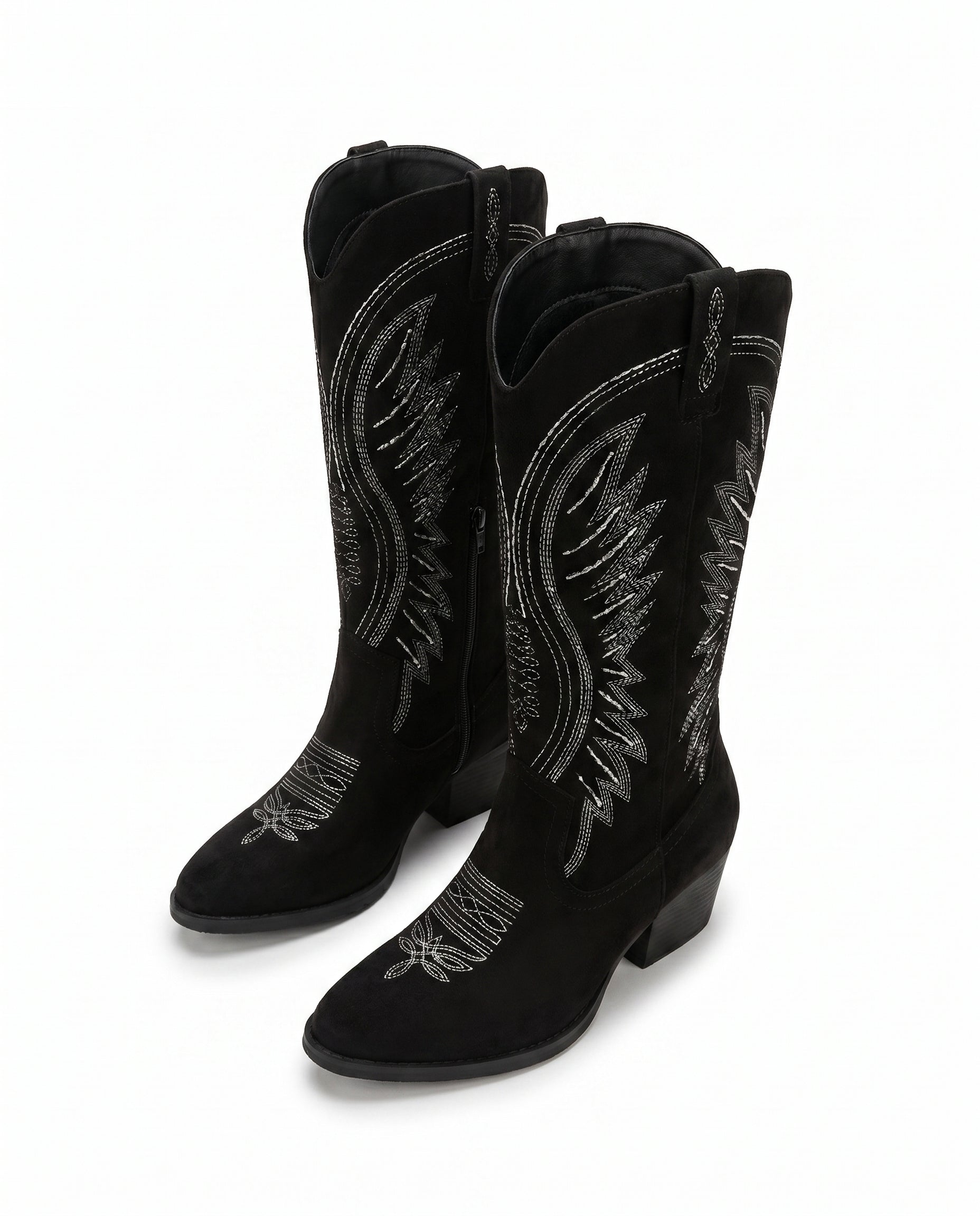 Knee-High Embroidered Cowboy Boots — Suede Block Heel 9
