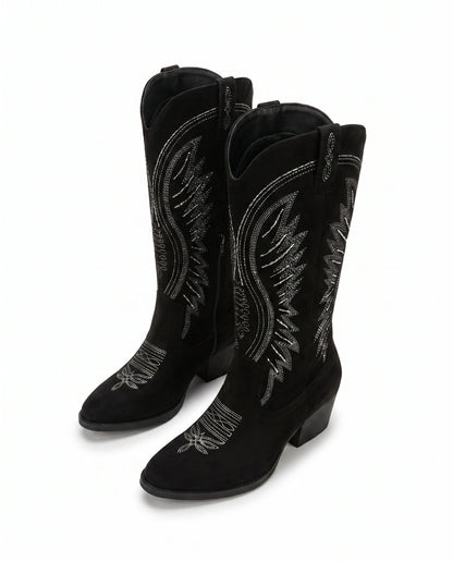 Knee-High Embroidered Cowboy Boots — Suede Block Heel 9