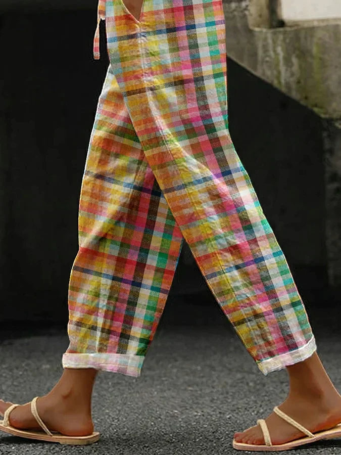 Check Pattern Cropped Straight-Leg Pants with Side Pockets 2