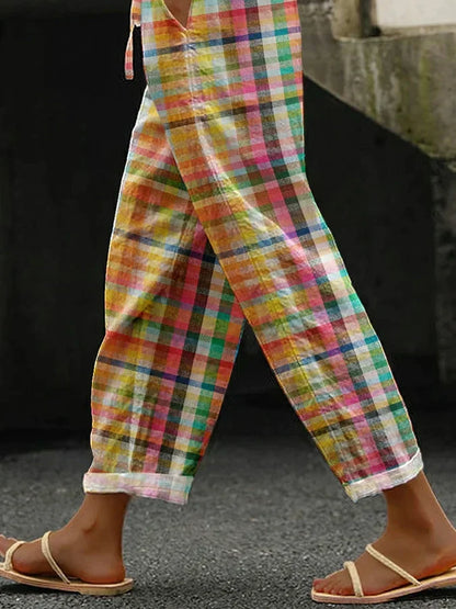 Check Pattern Cropped Straight-Leg Pants with Side Pockets 2