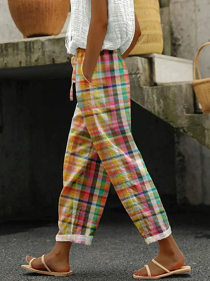 Check Pattern Cropped Straight-Leg Pants with Side Pockets 1