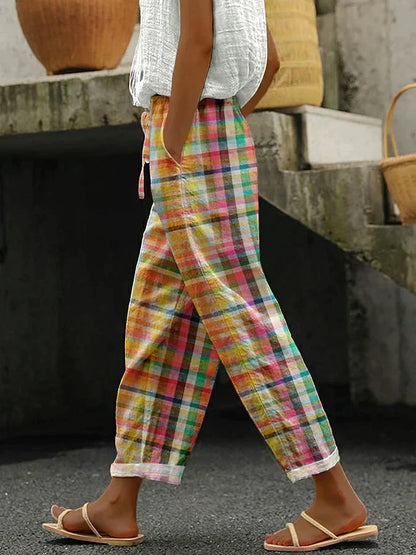 Check Pattern Cropped Straight-Leg Pants with Side Pockets 1