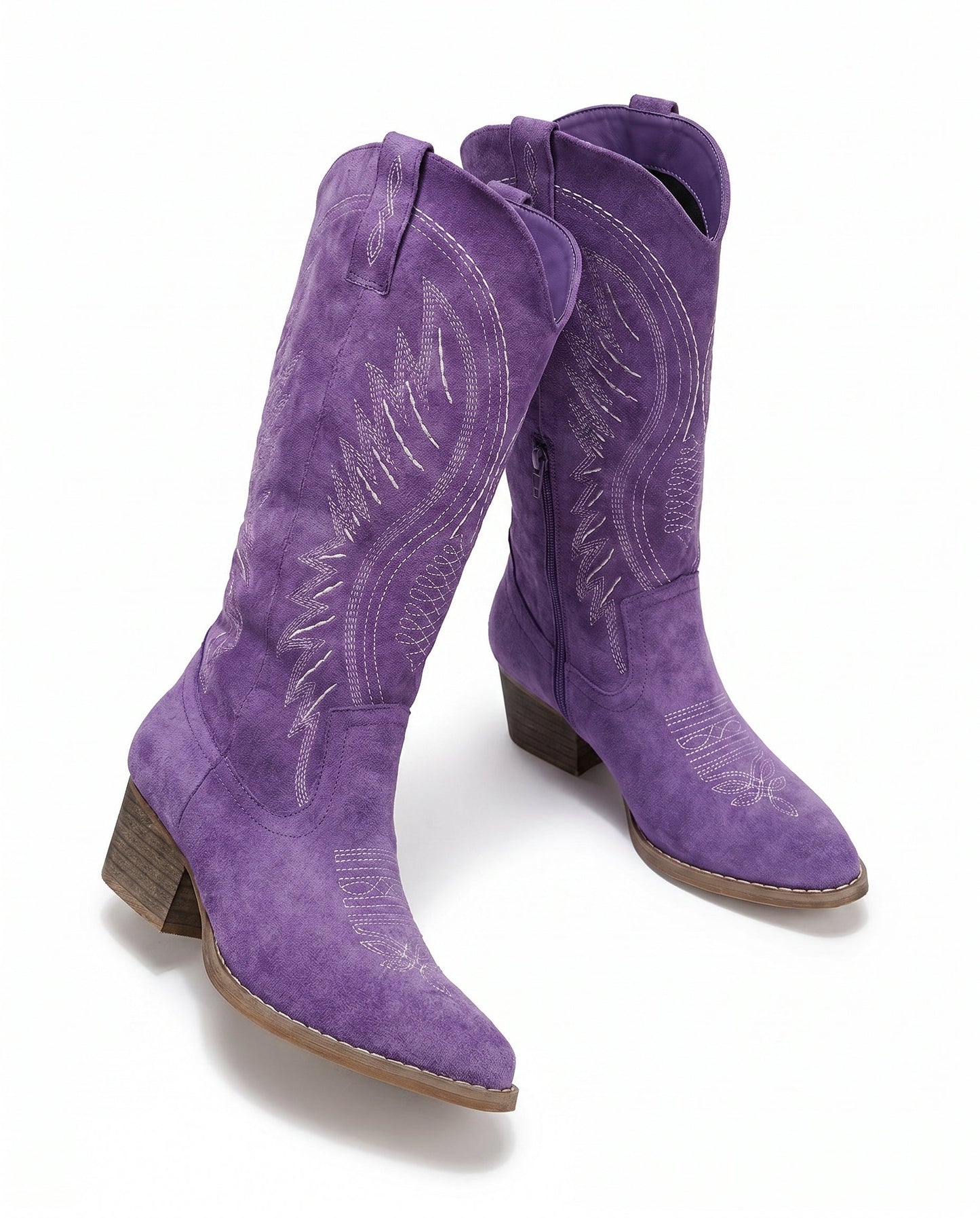 Knee-High Embroidered Cowboy Boots — Suede Block Heel 18