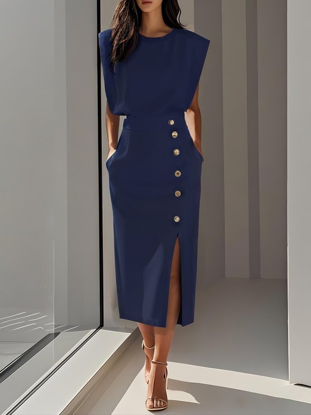 Effortless Charm Midi Dress — Round Neckline & Button Slit Detail 8