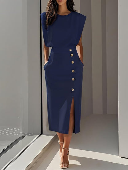 Effortless Charm Midi Dress — Round Neckline & Button Slit Detail 8