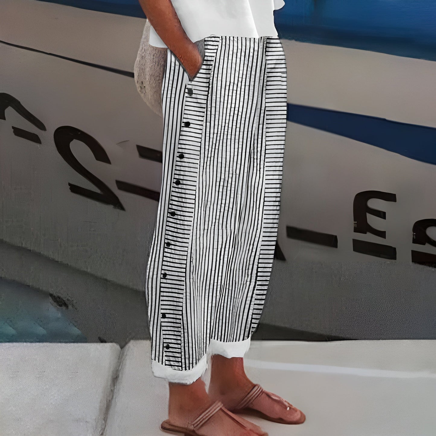 Women's Striped Trousers with Side Button Panel & Turn-Up Cuff 11