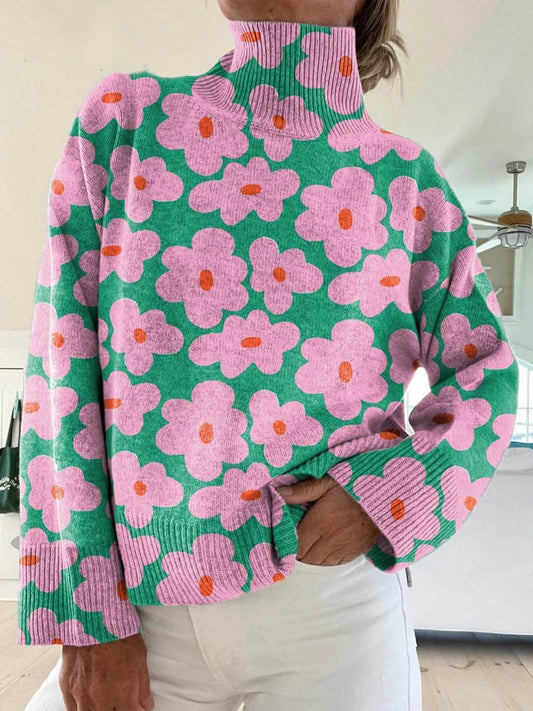 Floral Turtleneck Sweater — Ribbed Knit Long Sleeve Women 1