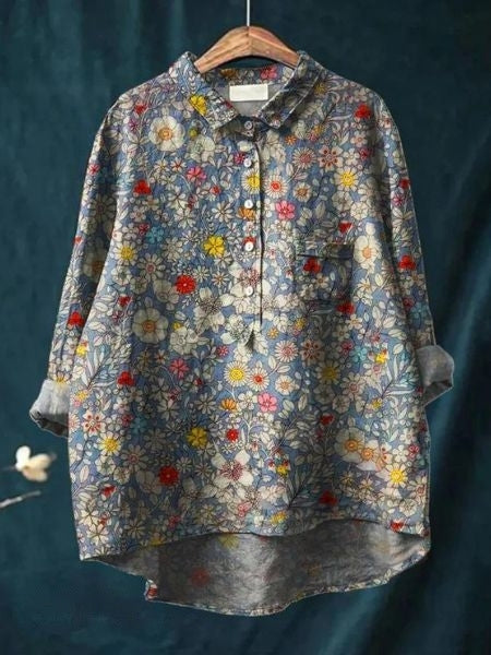 Button-Up Floral Blouse with Classic Pointed Collar & Long Sleeves 11
