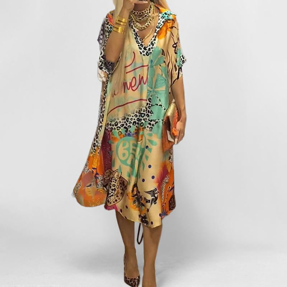 Graphic Print V-Neck Midi Dress — Relaxed Swing Fit 2