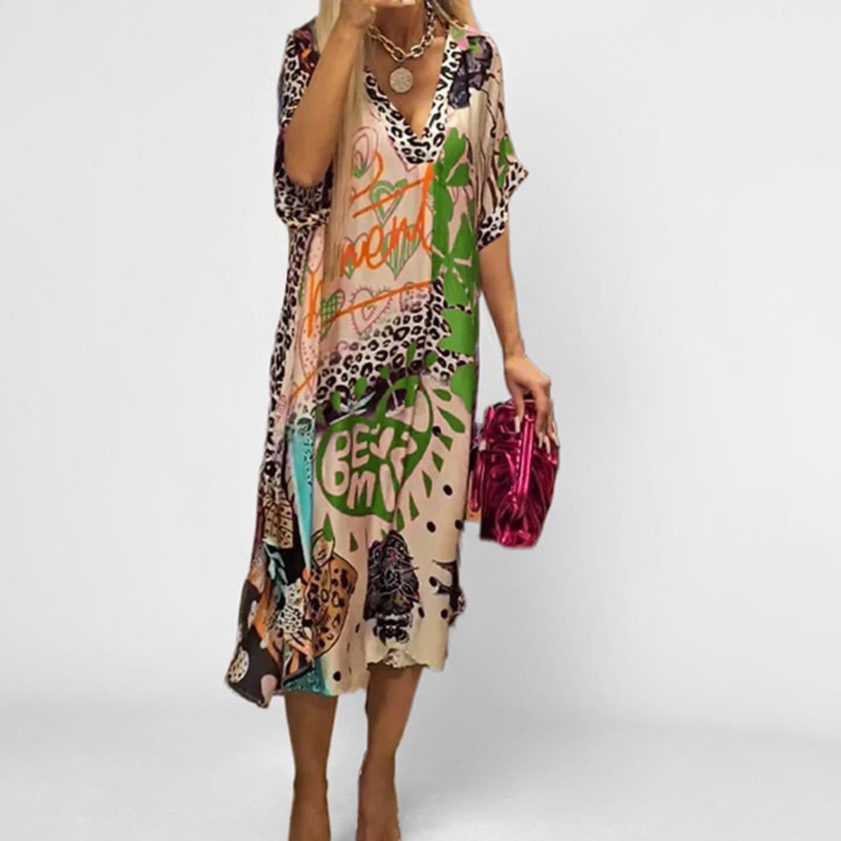 Graphic Print V-Neck Midi Dress — Relaxed Swing Fit 3