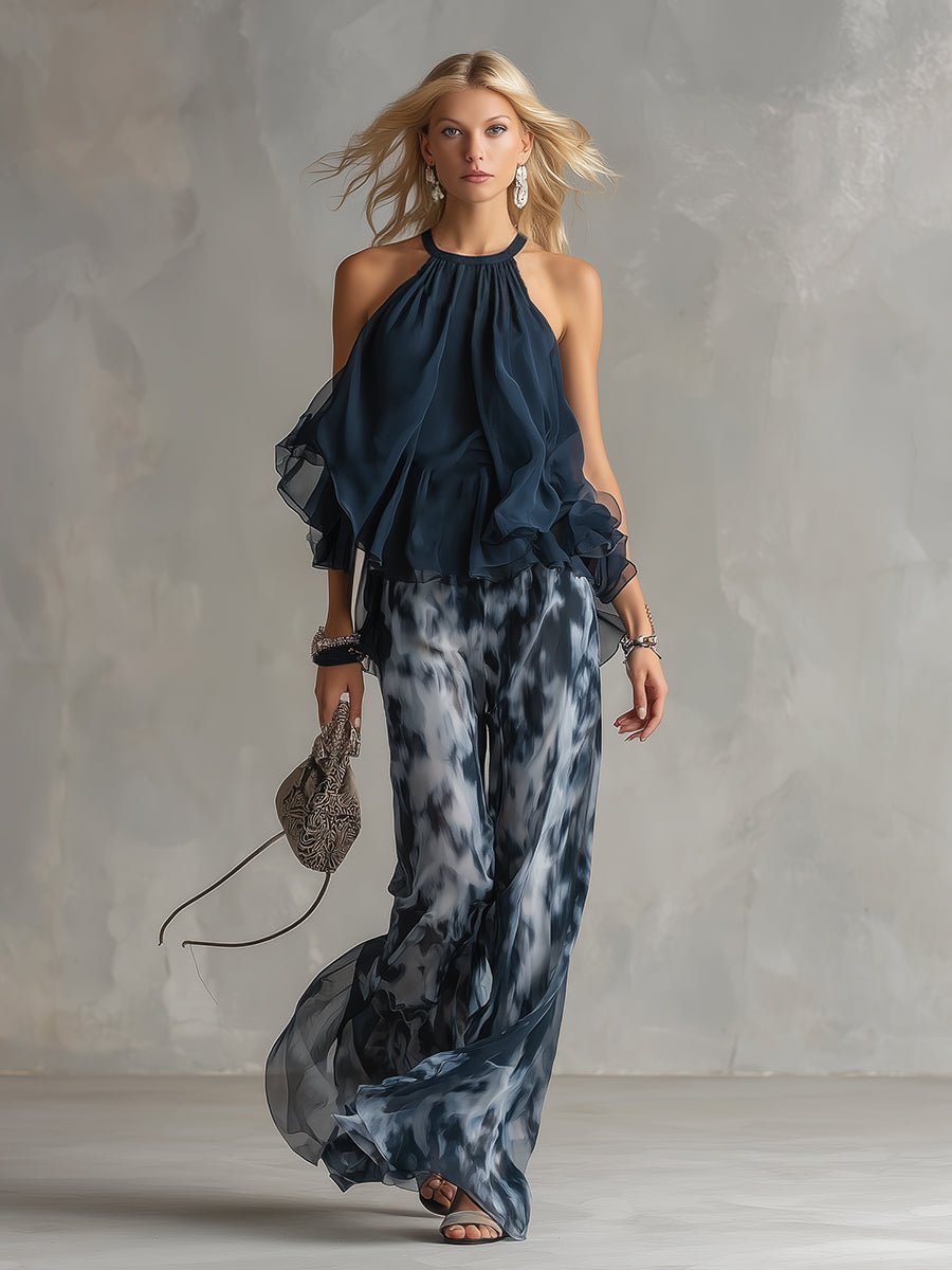 Halter Neck Ruffle Top & Wide Leg Pants Set — Marine Blue 2