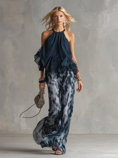 Halter Neck Ruffle Top & Wide Leg Pants Set — Marine Blue 2
